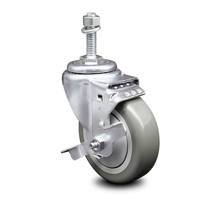 Service Caster 4 Inch Gray Polyurethane Wheel Swivel 3/8 Inch Threaded Stem Caster with Brake SCC-TS20S414-PPUB-TLB-381615